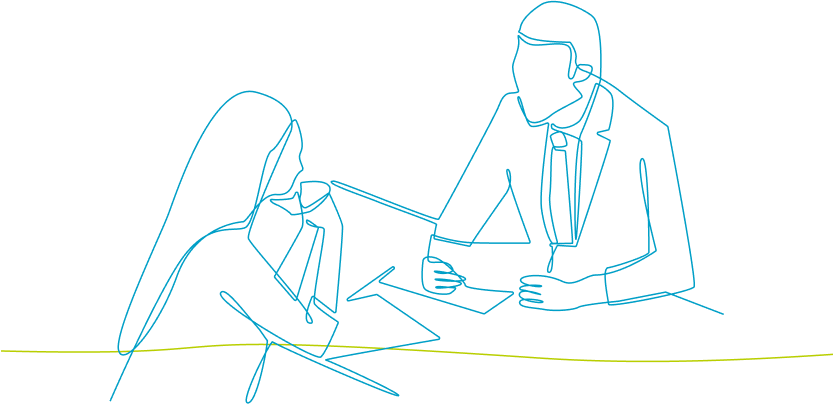 line art of man and woman discussing hiring